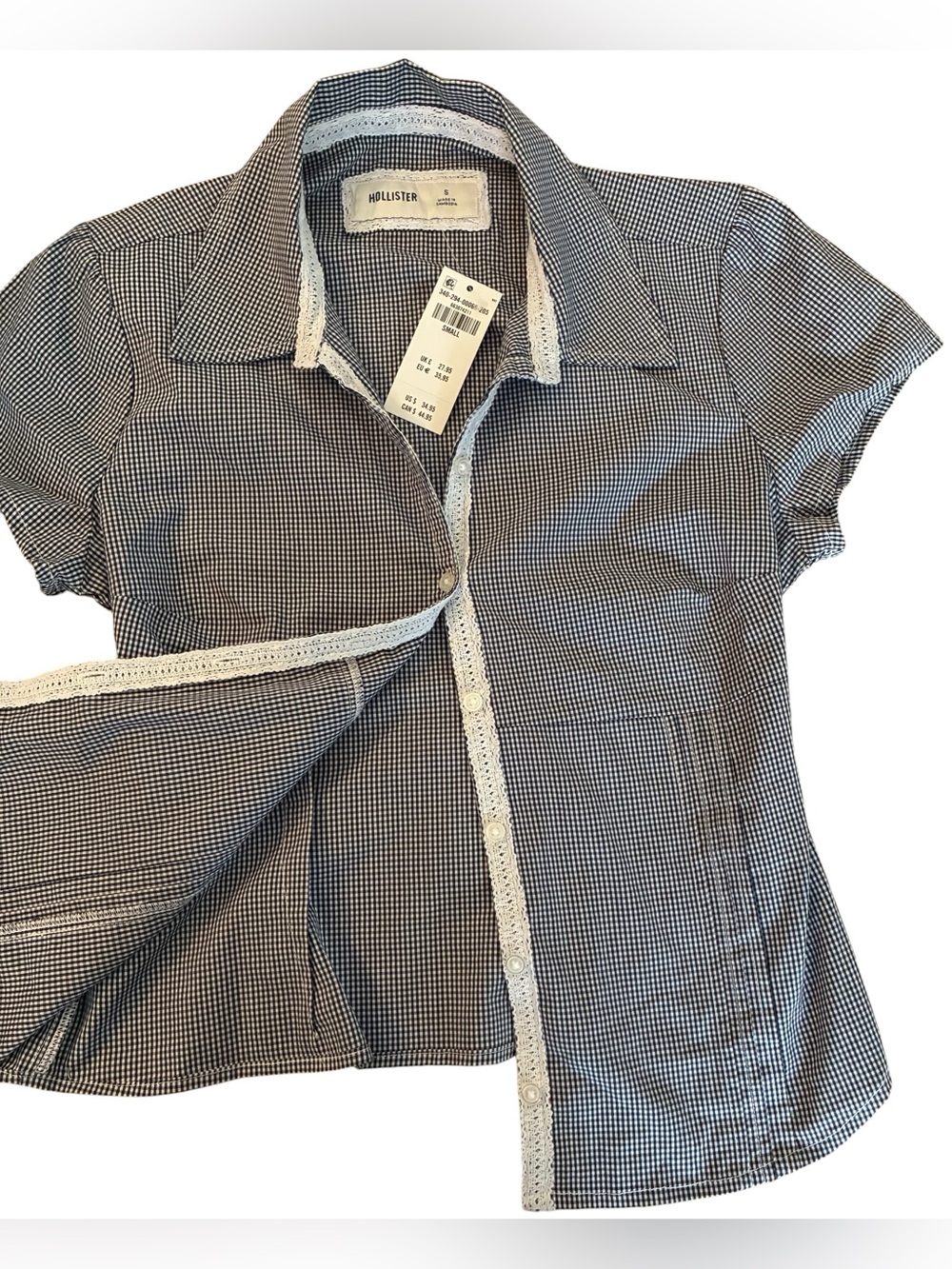 Hollister NWT Navy Gingham Button Top Small Y2K Coquette Fitted Cute - Picture 6 of 10